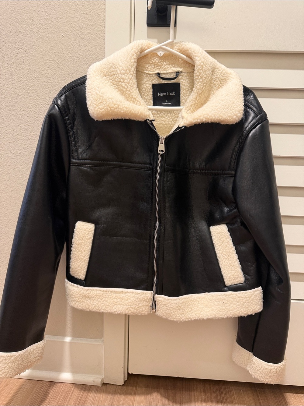 New Look Black Faux Leather Jacket with Cream Sherpa Lining